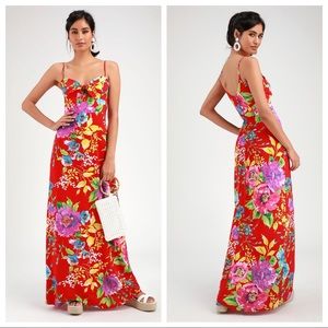 NWOT New Lulus Santiago Red Floral Tie-Front Maxi Dress